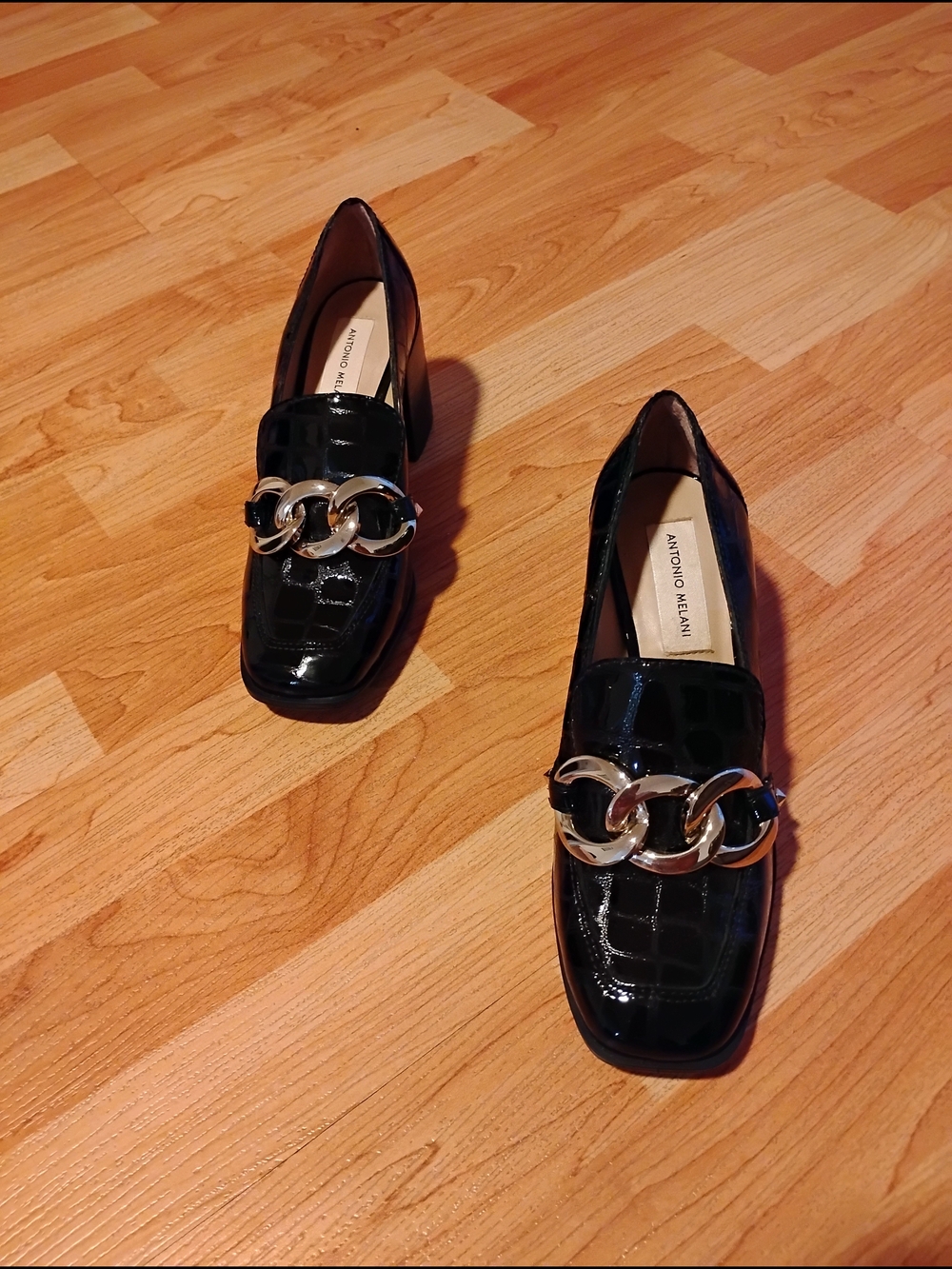 ANTONIO MELANI Black Patent Chain-Accent Loafers